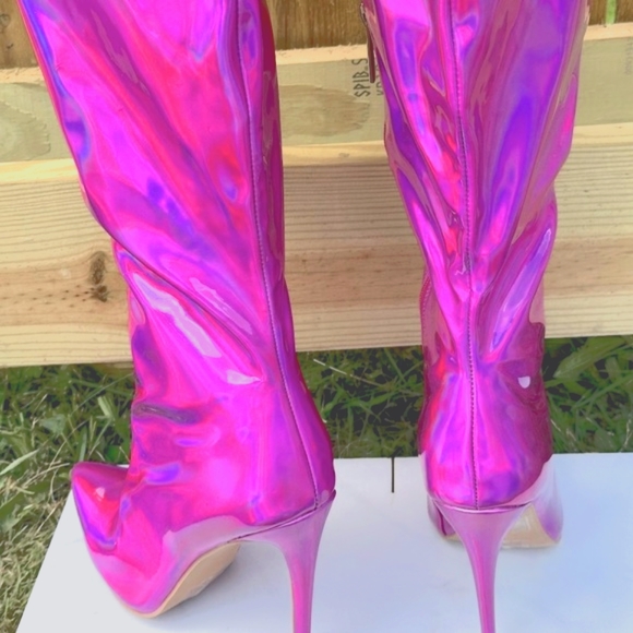 ☆ SEXY Hot Pink Metallic Thigh High Boots With 5' Stiletto Heels - Picture 6 of 8